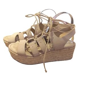 MICHAEL KORS SOFIA MID WEDGE BONE BEIGE SUEDE LEATHER WOMEN OPEN TOE SHO…